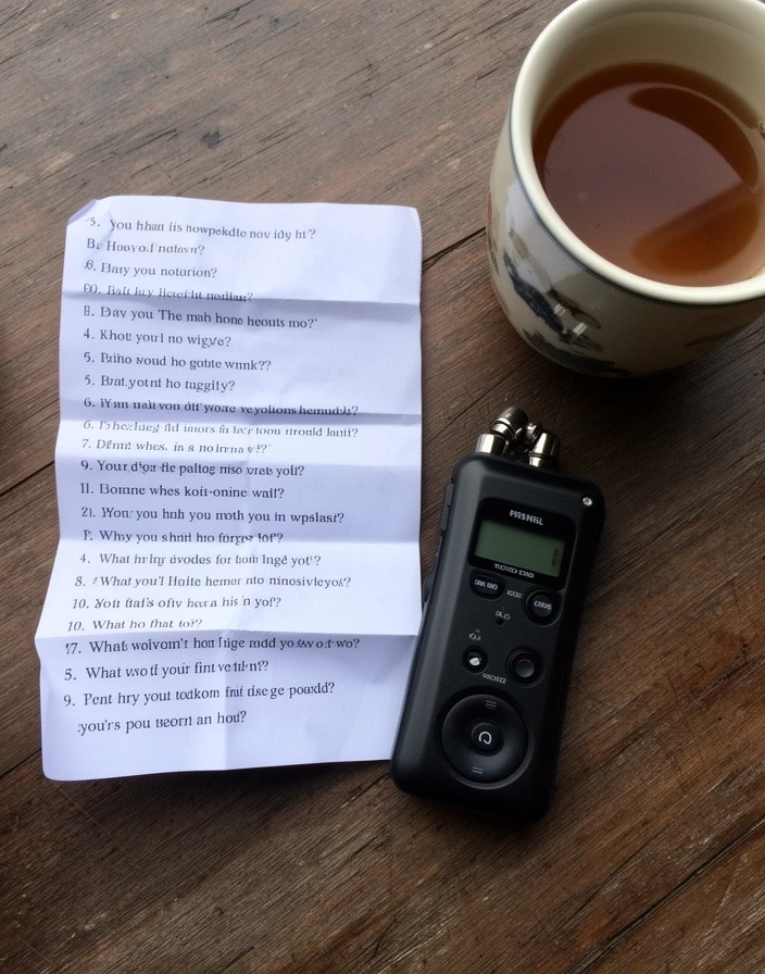 Lista de preguntas doblada sobre una mesa, junto a una grabadora